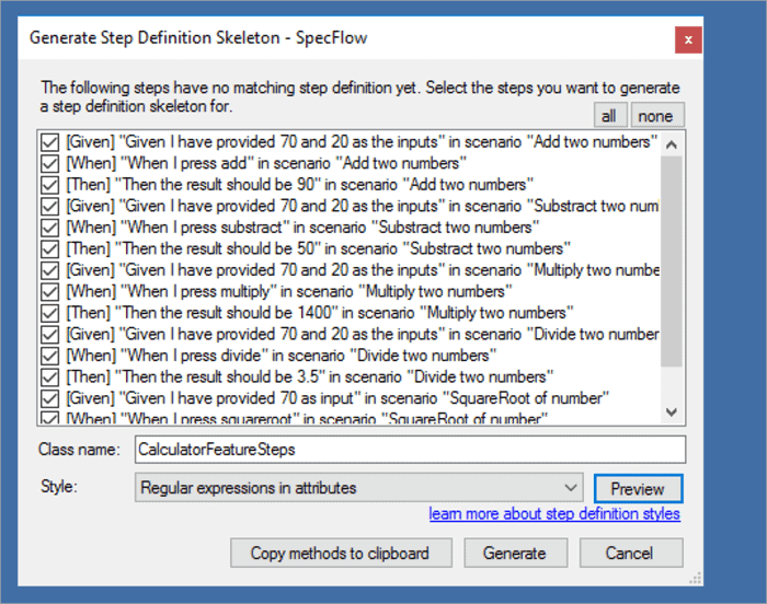Generate Step Definition Skeleton