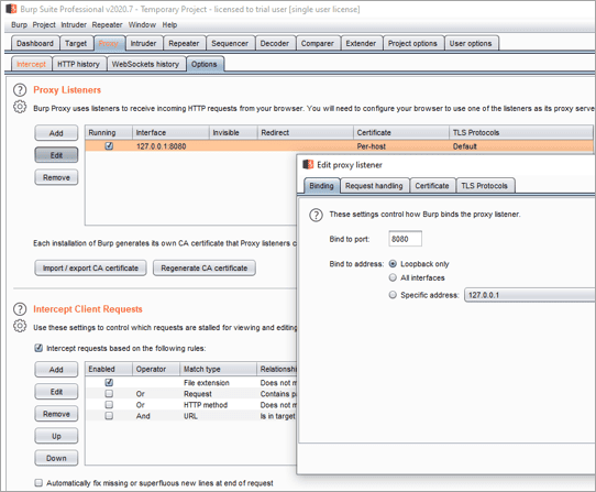 Burp Suite's proxy listener