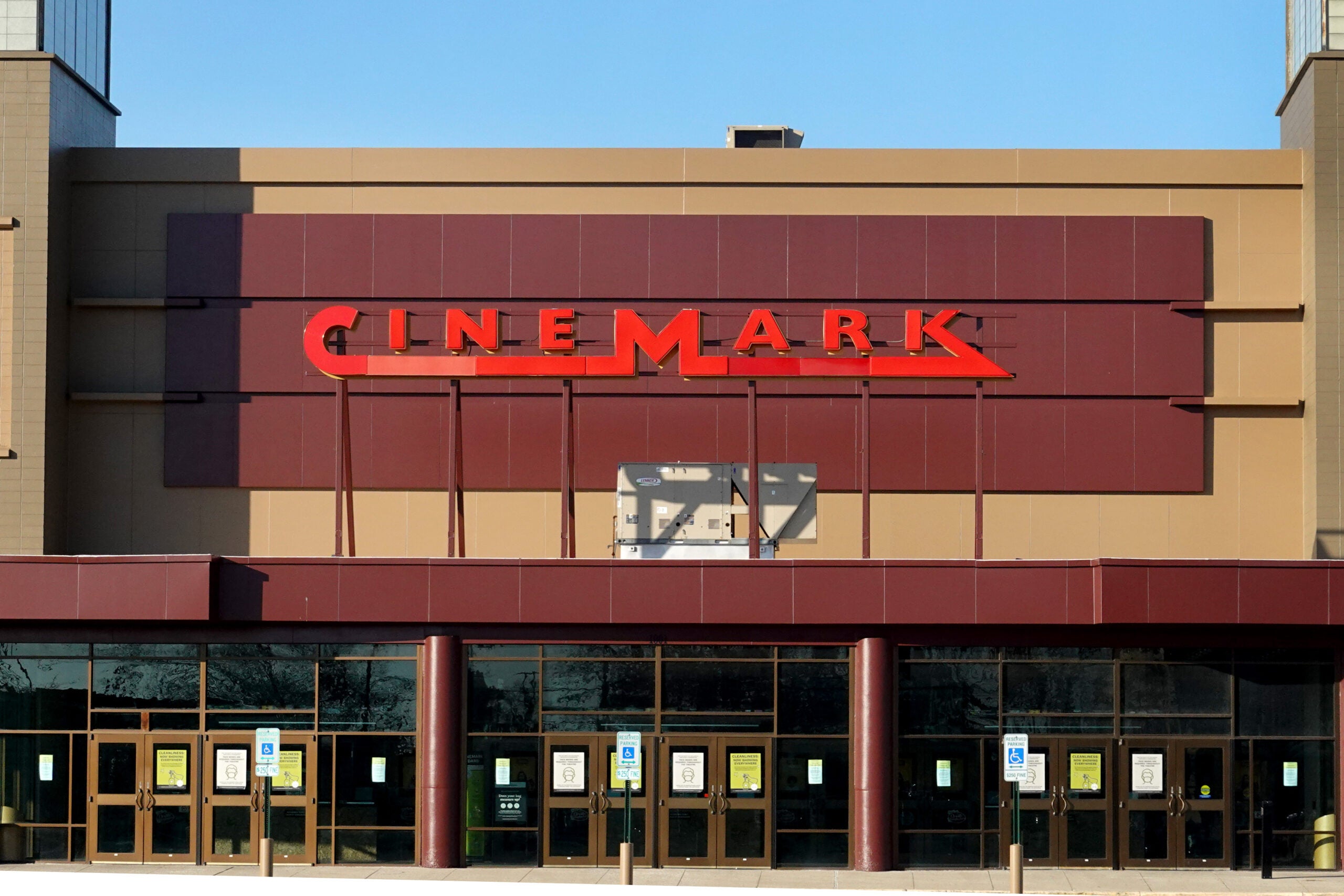 The Cinemark logo hangs above one of the company's theaters (Credit: Scott Olson/Getty Images)