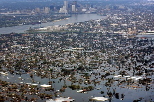 AP722804614748 FILE – In this Aug. 30, 2005 file photo, floodwaters from Hurricane Katrina cover a portion of New Orleans. The most destructive storm in U.S. history and also one of the deadliest, Katrina was a Category 3 storm with estimated maximum winds of 125 mph when it made landfall near Buras, La., on Aug. 29, 2005. Broken levees left most of New Orleans inundated. Damage was estimated at $75 billion, though rebuilding costs have far exceeded the initial damage. Katrina was blamed for around 1,200 deaths. (AP Photo/David J. Phillip, File)