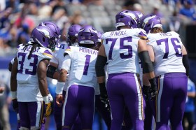 Vikings Giants Football Minnesota Vikings quarterback Kyler Murray (1) calls a play in the huddle in the first half during an NFL preseason football game against the New York Giants in East Rutherford, N.J., Saturday, Aug. 15, 2026. (AP Photo/Peter Joneleit)
