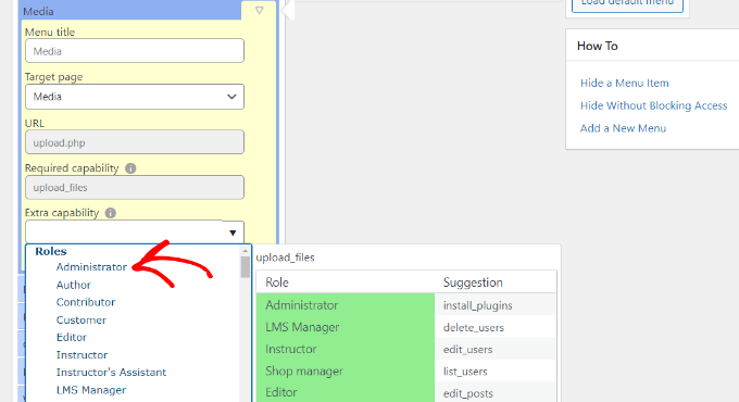 Choose user role to hide menu item Choose user role to hide menu item