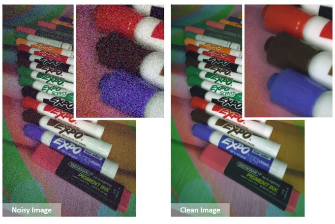 Noisy image on left in dim environment. Clean image to the right shows same image on left, but without noise.